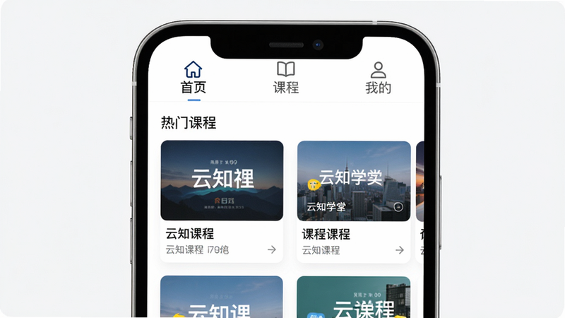 云知学堂APP主界面预览图,主体为手机屏幕界面,布局顶部有“首页”“课程”“我的”三个导航标签,中央区域展示热门课程推荐卡片,排版整齐,风格简约清爽,细节包括课程封面图与标题,画质高清,干净无多余元素。