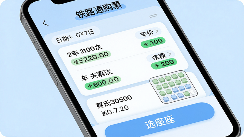 主体:手机购票界面,顶部“铁路通购票”,中间车次列表,底部为选座按钮。布局:典型的购票流程页面,清晰展示日期、车次、票价。排版:以浅蓝为底色,重要信息加粗。风格:移动端APP设计,圆角卡片。细节:余票数字用绿色高亮,座位图显示空座情况。画质:干净无广告,字体清晰。