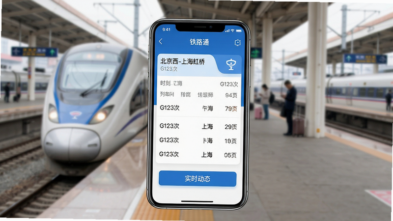 主体:一部智能手机屏幕显示“铁路通”APP主界面,背景为火车站台,列车即将进站。布局:手机居中,界面清晰展示列车时刻表与“实时动态”按钮。排版:手机屏幕内容为主,背景虚化。风格:写实摄影风格,光线自然。细节:手机屏幕上的文字如“北京西-上海虹桥”、“G123次”清晰可读,界面蓝色调。画质:4K高清,干净无多余元素。