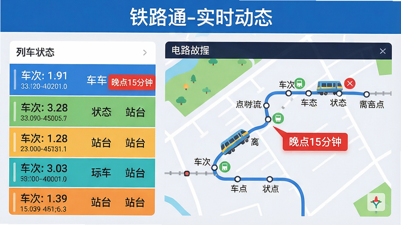主体:一张列车运行状态示意图,顶部标题“铁路通-实时动态”,左侧为列车列表,右侧为线路电子地图,列车图标沿线路移动。布局:分栏设计,左侧列表,右侧地图。排版:信息层级清晰,重点标注“晚点15分钟”红色字。风格:扁平化UI风格,色彩鲜明。细节:地图上标注站点名称,列表显示车次、状态、站台。画质:高分辨率,整洁无杂乱。