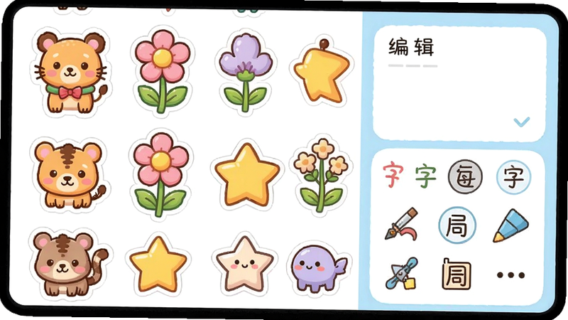 展示贴纸选择面板,有各种动物、花朵、星星等贴纸,旁边有文字编辑框,字体选项,布局清晰,风格可爱卡通,色彩鲜艳,画质细腻,干净无多余元素。