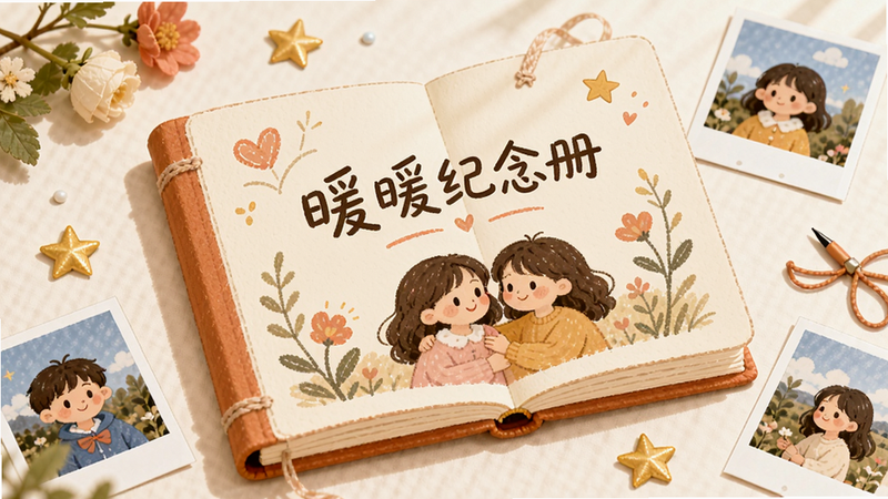 主体为一本打开的纪念册,封面写着“暖暖纪念册”,周围散落着照片、花朵和星星装饰,布局居中,排版温馨,风格手绘插画,细节丰富,画质高清,干净无多余元素。