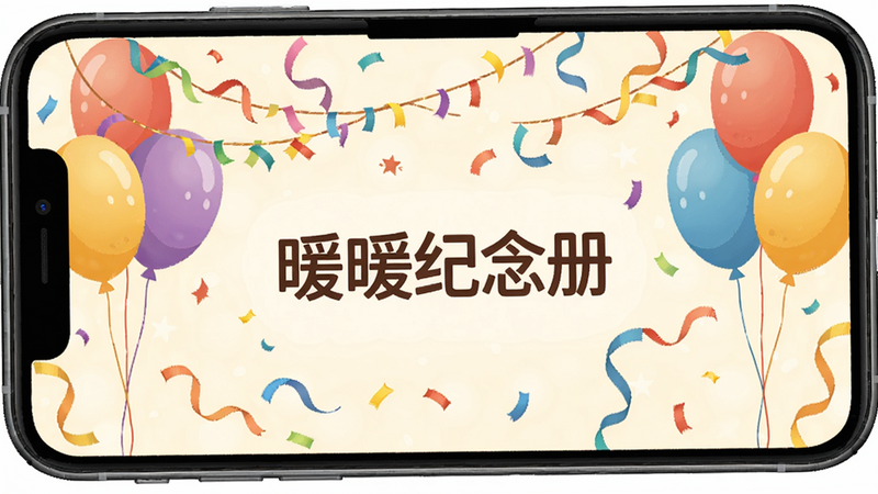 手机屏幕上显示一个庆祝界面,有气球和彩带,中间写着“暖暖纪念册”,布局居中,风格喜庆插画,细节丰富,画质高清,干净无多余元素。
