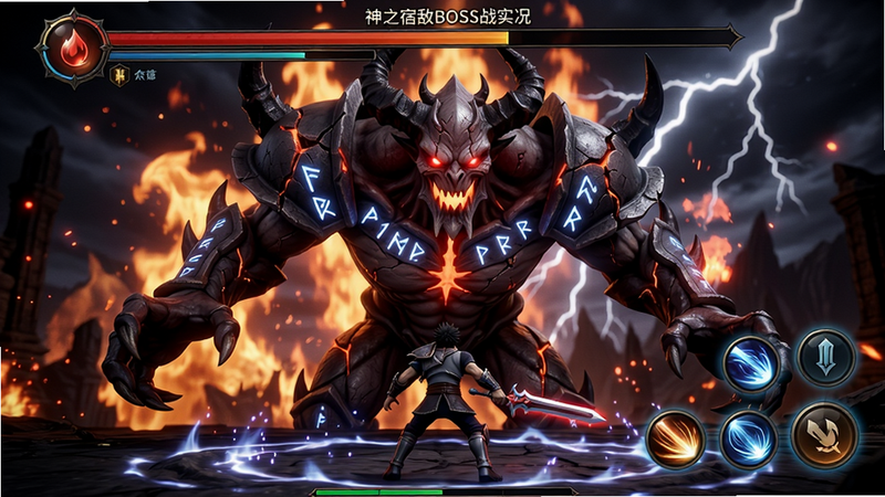 主体:神之宿敌BOSS战实况,巨大的恶魔BOSS占据画面大半,主角在下方灵活躲避攻击。布局:BOSS正面面向玩家,背后有火焰和雷电特效。排版:屏幕上方显示BOSS血条和状态,下方技能按钮发光。风格:暗黑魔幻风,粒子特效丰富,色彩对比强烈。细节:BOSS盔甲上有裂纹和符文,眼睛放射红光,地面有能量波动。画质:高清晰度,动感十足,无多余杂物。