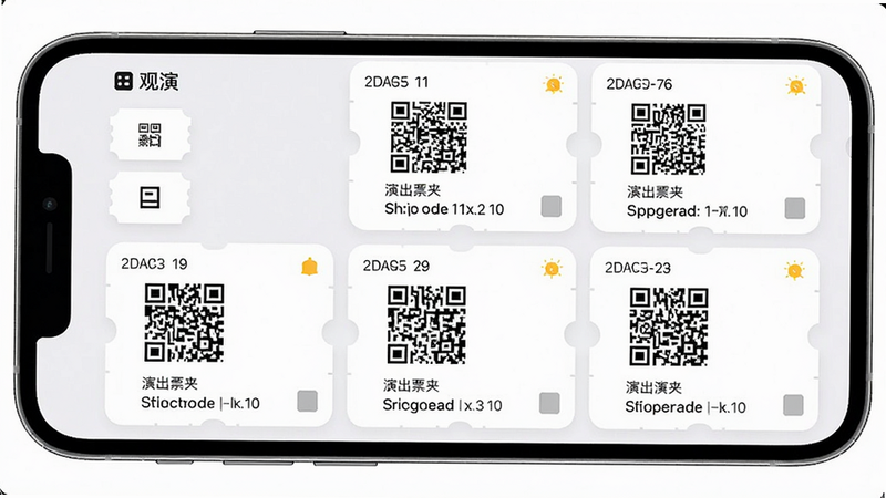 һ��չʾ�����ݡ�App����Ʊ�н�����ֻ���ͼ������Ϊ�ֻ���Ļ����Ļ����ʾ���ŵ���Ʊ��Ƭ���������У�ÿ��Ʊ���ж�ά����ݳ���Ϣ���������룬������ִ���ϸ�ڰ���Ʊ�б�ǩ������ͼ�꣬���ʸ��壬�ɾ��޶���Ԫ��