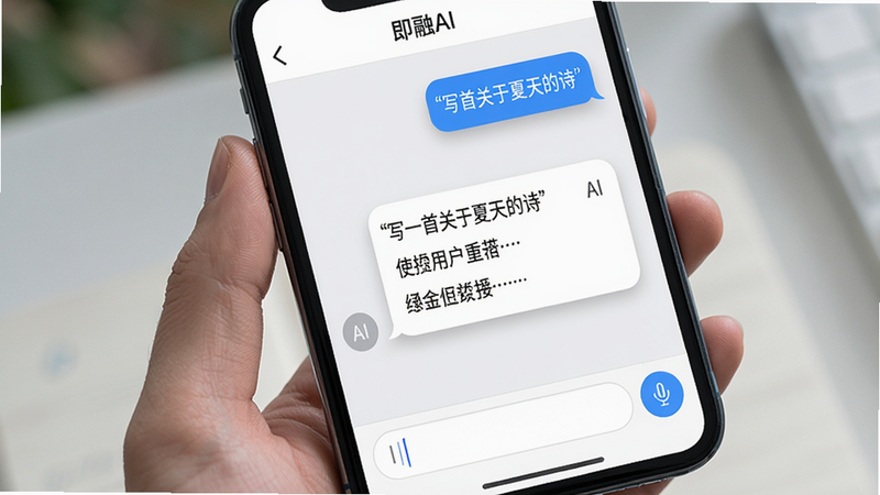 主体:手机屏幕显示即融AI对话界面,用户输入“写一首关于夏天的诗”,AI正在生成回复,气泡框显示诗句。布局:上下结构,底部输入框,上方对话气泡。排版:左右对齐,用户气泡蓝色,AI气泡白色。风格:聊天APP风格,柔和阴影。细节:界面中可见“即融AI”字样在顶部导航栏,输入框有语音按键。画质:高清,干净无多余元素。