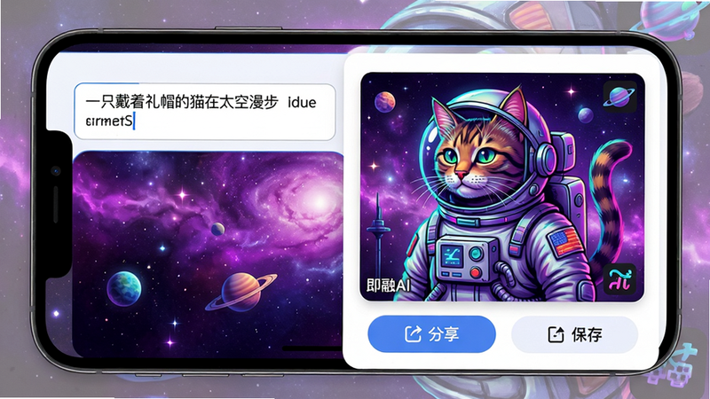 主体:手机屏幕显示即融AI绘图界面,输入框内文字“一只戴着礼帽的猫在太空漫步”,右侧生成一幅赛博朋克风格的猫宇航员插画。布局:上下结构,顶部输入框,下方生成结果展示。排版:卡片式展示,图片下方有“分享”、“保存”按钮。风格:科幻梦幻,紫色星空背景。细节:图片角落有“即融AI”小图标,画质细腻。画质:高清,色彩鲜艳,无多余元素。