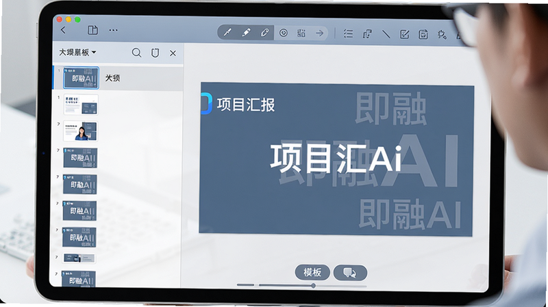 主体:平板横屏显示即融AI PPT编辑界面,左侧大纲列表,右侧幻灯片预览。用户正在编辑标题“项目汇报”。布局:左右分栏,左侧缩略图列表,右侧编辑区。排版:专业办公软件风格,顶部工具栏简洁。风格:商务简约,蓝灰色调。细节:幻灯片中显示“即融AI”水印,底部有模板切换按钮。画质:高清,干净无多余元素。