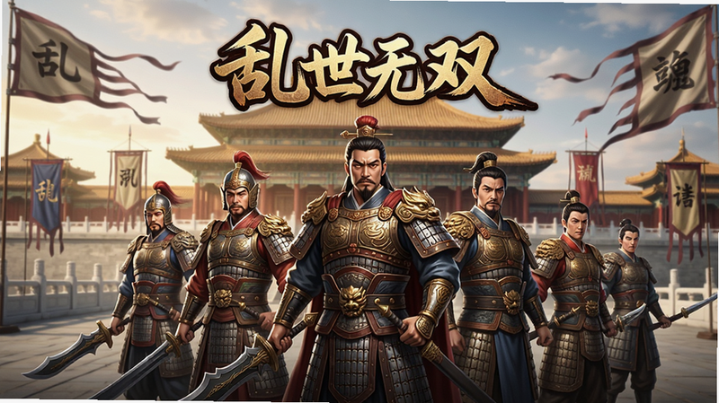 游戏主界面截图,展示“乱世无双”LOGO,背景是宏伟的宫殿和飘扬的旗帜,画面中央有几位武将并肩站立,人物细节精致,光影效果出色,整体风格写实且富有史诗感。高清画质,干净无多余元素。