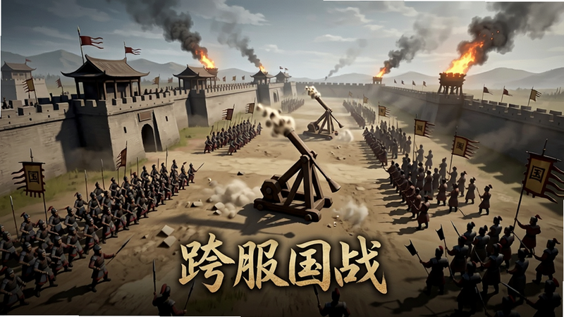 国战战场俯瞰图,城墙两侧双方军队对垒,中央有投石机发射,天空有烽火,画面气势磅礴,细节丰富,包含文字“跨服国战”。