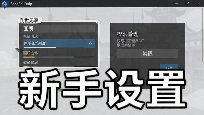 乱世无双新手避坑指南配图,展示游戏设置界面,包含画质选项和权限管理入口,画面简洁清晰,包含文字“新手设置”。