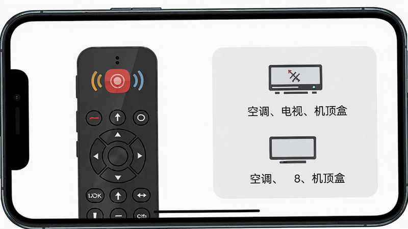 主体:万能遥控器通用器手机界面,左侧展示红外发射图标,右侧显示“空调、电视、机顶盒”三大设备图标,布局居中排版,风格扁平化UI,细节包含遥控器按键纹理,画质4K超清干净无多余元素