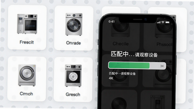 主体:手机屏幕显示码库匹配进度条,背景为多种家用电器图标,布局采用卡片式排列,风格干净明亮,细节包含“匹配中…请观察设备”文字,画质4K干净无多余元素