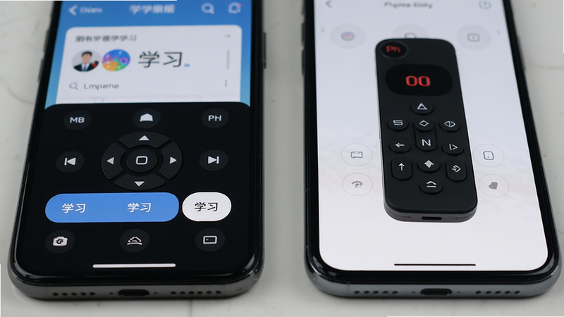 主体:两部手机并排放置,左侧手机播放学习界面,右侧手机显示原装遥控器红外发射,布局上下对称,风格写实摄影,细节有学习按钮高亮,画质超清干净