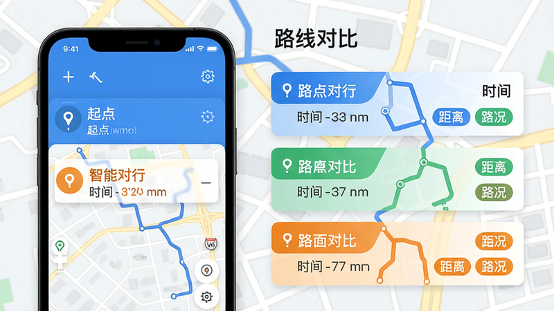 路途易行智能路线规划界面,手机屏幕左侧显示起点终点,右侧列出三条对比路线,分别用蓝、绿、橙色标注,每条路线旁有时间、距离和路况标签,背景为街道地图,画面整体干净明亮,文字“路线对比”清晰可见,画质细腻,布局规整