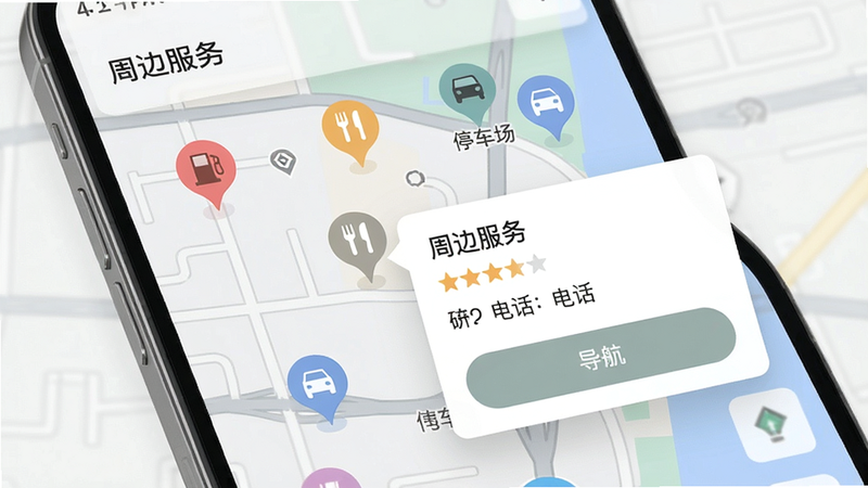路途易行周边服务搜索界面,手机屏幕显示地图上有多个POI图标(加油站、餐厅、停车场),点击其中一个弹出信息卡片,包含名称、评分、电话和导航按钮,背景为半透明地图,整体设计扁平化,颜色柔和,画质干净,文字“周边服务”预览图