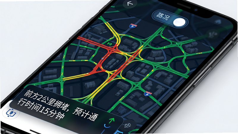 路途易行实时路况地图,手机屏幕显示城市道路网络,路况颜色覆盖(红黄绿),左下角有路况播报小窗口显示“前方2公里拥堵,预计通行时间15分钟”,界面顶部有路况开关按钮,整体风格科技感,画质高清,文字清晰,干净无杂乱元素