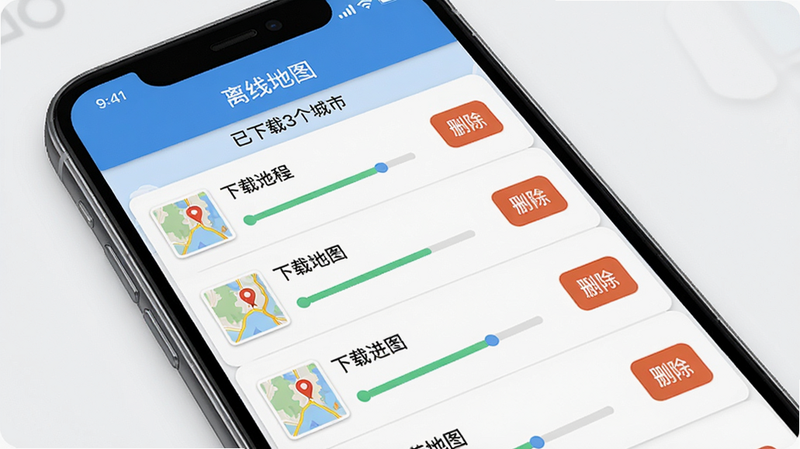路途易行离线地图管理界面,手机屏幕显示已下载的城市列表,每个城市旁有下载进度条和删除按钮,顶部有“离线地图”标题,背景简洁,地图缩略图小图标,整体排版清晰,画质细腻,文字“已下载3个城市”可读