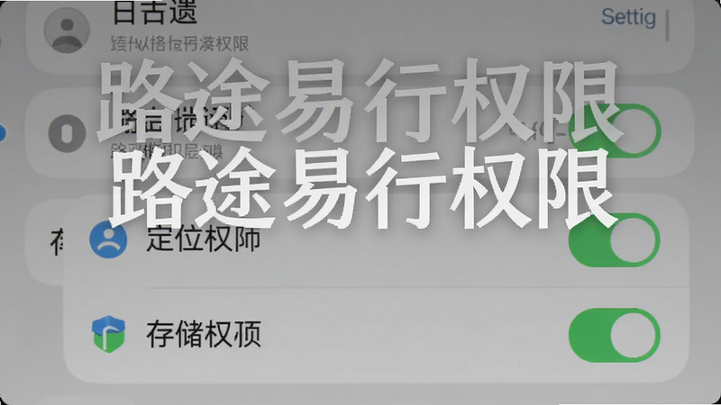 路途易行手机设置界面,展示权限管理页面,定位权限和存储权限已开启,背景为系统设置列表,画质清晰,文字“路途易行权限”突出,整体风格简洁,无杂乱元素