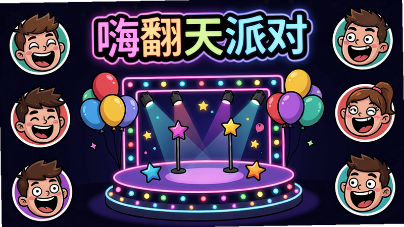 主体:嗨翻天派对游戏主界面,布局:中央一个霓虹灯风格的派对舞台,四周分布着多个卡通角色头像,排版:角色环绕舞台,上方有游戏标题“嗨翻天派对”发光字样,风格:卡通涂鸦风,细节:舞台上有彩色气球和星星装饰,角色表情夸张欢乐,画质:高清,干净,无多余元素