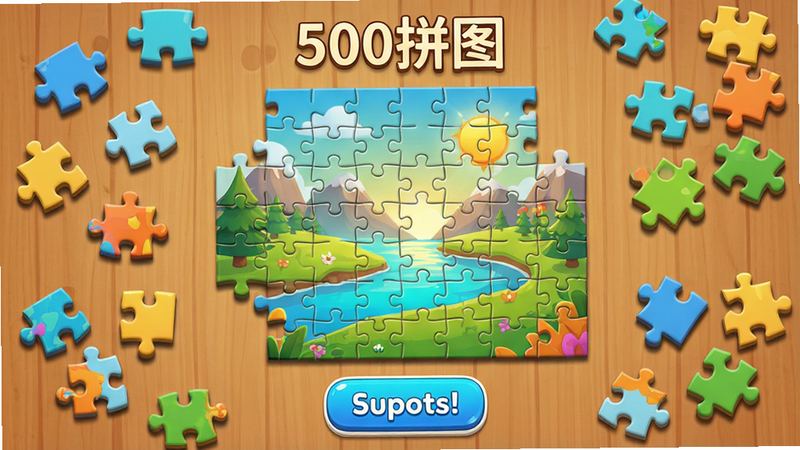 主体:500拼图应用主界面,布局:中央是一幅未完成的风景拼图,周边散落着拼图碎片,顶部有应用名称“500拼图”字样,底部有提示按钮;排版:碎片有立体阴影,颜色鲜艳;风格:清新卡通风格,明亮温馨;细节:碎片边缘有咬合凹凸,背景为木质桌面纹理;画质:高清,干净无多余元素。