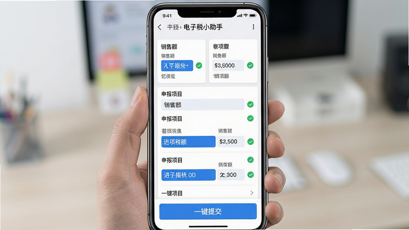 主体:电子税小助手税务申报功能界面截图,手机屏幕显示申报表单自动填充状态;布局:上半部分为数据汇总卡片,下半部分为申报项目列表,底部有“一键提交”按钮;排版:清晰表单样式,蓝色高亮字段,白色背景;细节:表单中有“销售额”“进项税额”等字段已自动填入数字,旁边有绿色对勾;画质:高清细腻,无冗余元素