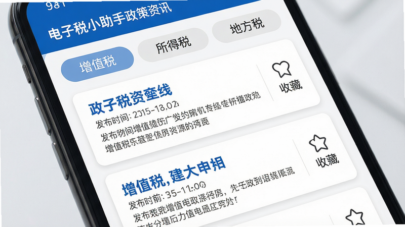 主体:电子税小助手政策资讯页面,手机屏幕显示资讯列表;布局:列表式排版,每条资讯包含标题、发布时间、摘要,右侧有“收藏”图标;排版:采用卡片式设计,标题加粗蓝色,摘要灰色小字;细节:顶部有分类标签“增值税”“所得税”“地方税”,当前选中“增值税”;画质:高质量,简洁商务风格