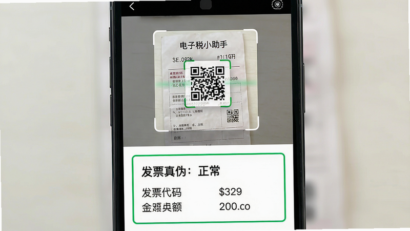 主体:电子税小助手发票查验功能界面,手机摄像头对准一张纸质发票,屏幕显示扫描框;布局:上方为摄像头取景区域,下方显示查验结果卡片“发票真伪:正常”;排版:取景框为透明矩形,四周半透明遮罩,结果卡片带绿色边框;细节:发票二维码被识别框锁定,结果卡片显示发票代码、金额等;画质:干净明亮,无多余元素