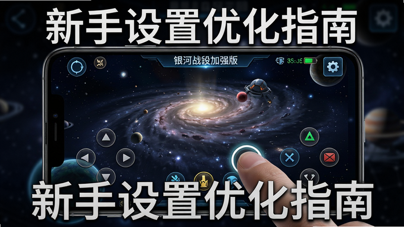 主体:手机运行银河战役(加强版)游戏画面,屏幕显示右上角有设置按钮。布局:手机居中,背景为游戏内星系界面。排版:手机屏幕内显示清晰的操作键位。风格:写实手机产品图叠加游戏UI。细节:手指点击位置高亮,电量图标显示。画质:高清,干净无多余元素。图片上显示文字“新手设置优化指南”