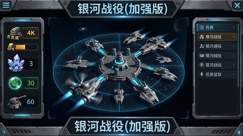 主体:银河战役(加强版)游戏主界面,展示星际基地与舰队。布局:中央为全息星图,左侧资源条显示金属、水晶、气体,右侧任务列表。排版:UI采用科幻金属面板,图标带发光效果。风格:写实3D渲染,光影真实。细节:战舰表面纹理清晰,炮塔转动动画流畅。画质:4K超清,干净无多余元素。图片上显示文字“银河战役(加强版)”