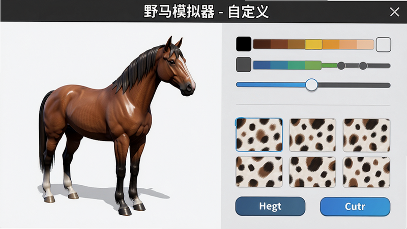 主体:马匹自定义界面,左侧显示骏马模型,右侧有颜色选项滑块和斑点图案预览;布局左右分栏,界面简洁现代;风格游戏UI截图,细节包括毛发光泽和选项按钮;画质清晰,干净无多余元素,顶部标题“野马模拟器 - 自定义”