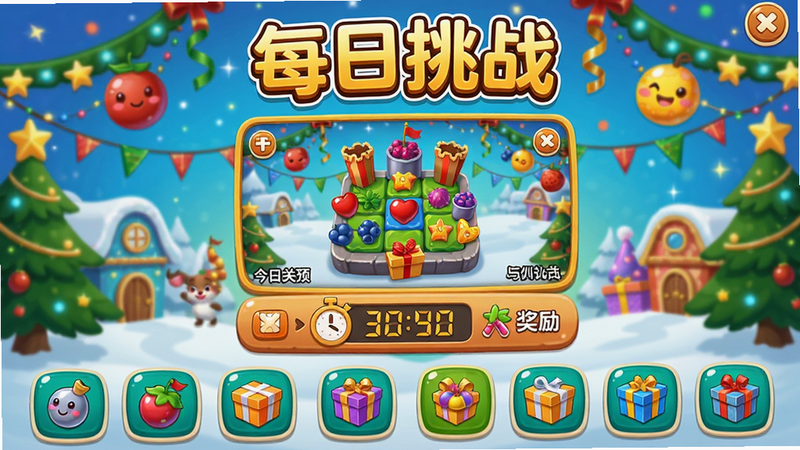 水果泡泡传奇每日挑战界面,画面中央显示今日关卡预览,下方有倒计时和奖励图标,背景为节日装饰风格,卡通,明亮,文字“每日挑战”醒目,道具图标排列整齐,画质清晰。