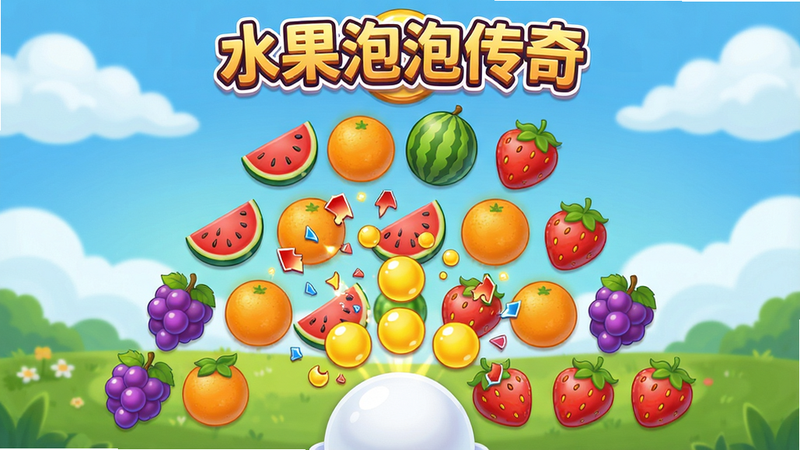 水果泡泡传奇游戏主界面,五彩缤纷的水果泡泡如葡萄、西瓜、橙子、草莓等排列成金字塔形状,底部有白色半圆形发射器,瞄准一组黄色泡泡,周围有消除后的碎片特效,背景是蓝天白云草地,卡通可爱风格,明亮柔和光线,高清画质,画面中央上方有艺术字标题“水果泡泡传奇”,整体布局居中对称,干净无多余元素。