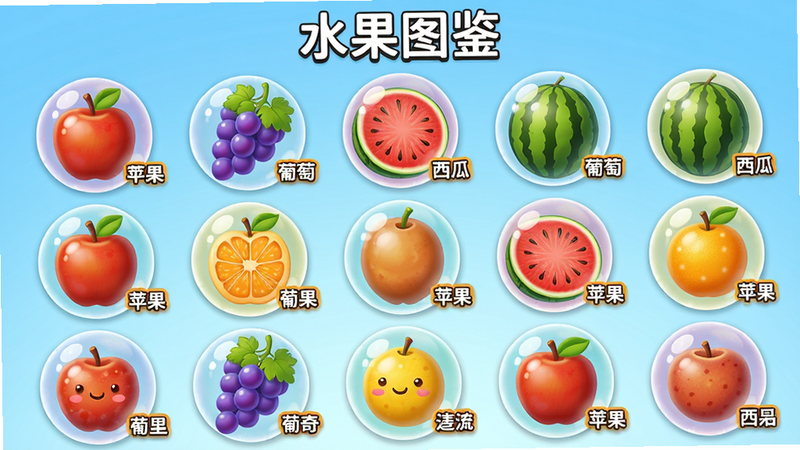 水果泡泡传奇水果种类展示图,画面中各种水果泡泡以网格排列,每种水果旁标注名称如“苹果”“葡萄”“西瓜”,色彩鲜艳,材质逼真,卡通渲染风格,背景为浅蓝色渐变,顶部有标题“水果图鉴”,整体排版整齐,画质高清无杂质。