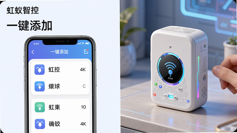 ���壺�����ǿ������豸����ʾ��ͼ���ֻ���Ļ����ʾɨ����Χ�豸�б������֣�������벿��Ϊ�ֻ����棬�Ұ벿��Ϊ�豸ʵ��ͼ���Ű棺�豸�б������б�ʽ���֣�ÿ�д�ͼ������ƣ���񣺿Ƽ��в廭��ɫ�����ޣ�ϸ�ڣ����ϽǱ�ע�������ǿء������֡�һ�����ӡ������ʣ�4K���ʣ��ɾ�����