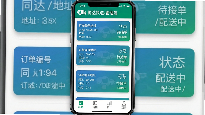 一张智能手机竖屏截图,显示“同达快送-管理端”主界面,顶部有绿色品牌logo和“同达快送-管理端”文字标题,中部为订单卡片列表,每张卡片显示订单编号、地址、状态(待接单/配送中),底部导航栏包含“订单”、“地图”、“统计”、“我的”四个图标,整体布局清晰,蓝绿配色,扁平化设计风格,细节包括卡片阴影和状态标签颜色区分,画质高清干净,无多余元素。