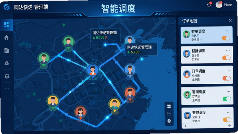 一张电脑或手机界面截图,展示“同达快送-管理端”的调度地图,地图上分布多个配送员头像图标,不同颜色代表空闲/忙碌状态,右侧订单列表可拖拽分配,地图显示路线连线,文字标注“智能调度”字样,风格科技感,蓝色为主色调,细节有动态光效和浮动信息卡片,画质清晰干净。
