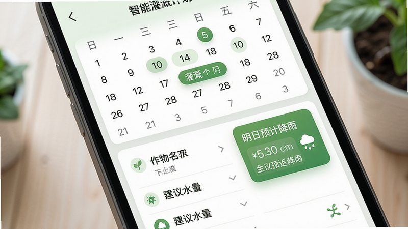 主体为手机屏幕展示智能灌溉计划界面,布局上方是日历视图标记灌溉日期,下方列出作物名称与建议水量,排版信息层级分明,风格清新简约带农业绿色调,细节包含“明日预计降雨”提示卡片,画质高清干净无多余元素
