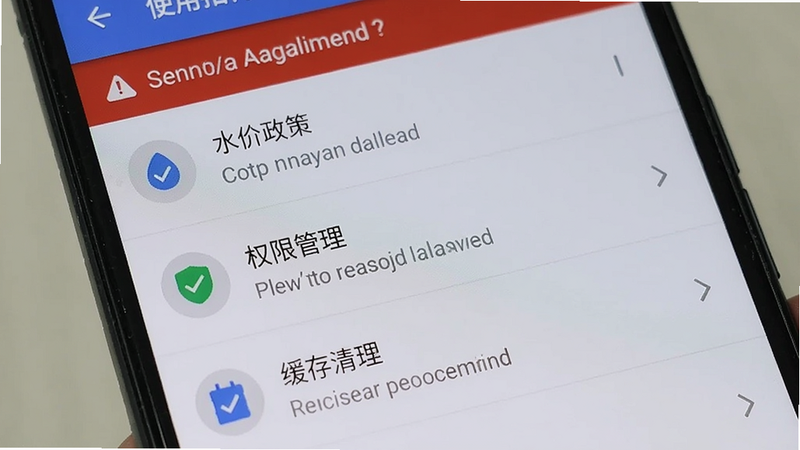 主体为手机屏幕展示使用指南中的设置页面,布局从上到下依次是水价政策、权限管理、缓存清理等菜单项,排版清晰列表式,风格安卓Material Design,细节有红色警告提示条,画质高清干净无多余元素