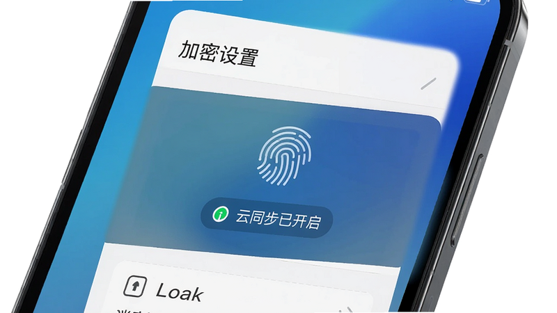 建议生图提示词:手机屏幕显示备忘录(记事本笔记)的加密设置界面,有指纹解锁图标和“云同步已开启”文字,背景为渐变蓝色,风格现代,画质清晰,无多余元素。