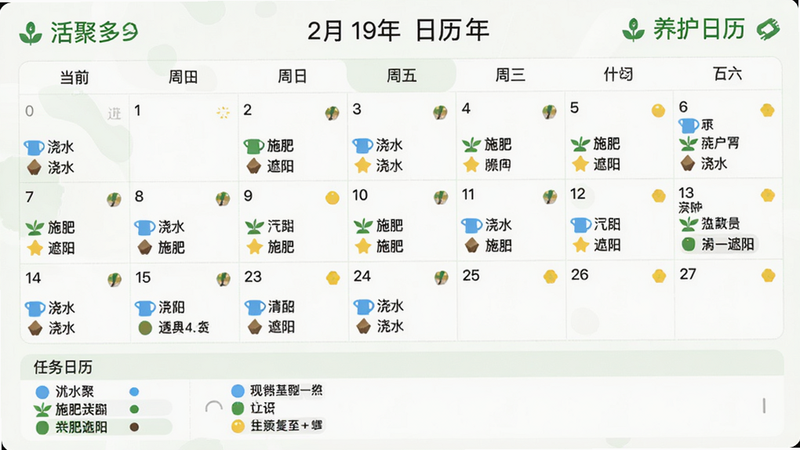 活聚多智能养护日历界面,以月视图展示,每个日期上标有不同颜色的圆点代表不同任务:蓝色为浇水,绿色为施肥,黄色为遮阳。顶部有当前月份和年份,下方有任务列表。整体风格清新,白色背景,绿色点缀。画质清晰,文字“养护日历”可见。