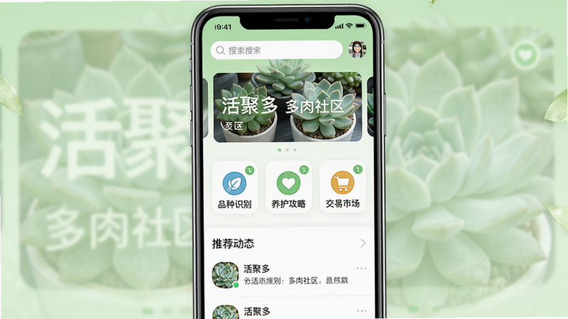 活聚多APP主界面预览,展示多肉植物社区首页,顶部有搜索栏和轮播图,中间为品种识别、养护攻略、交易市场等图标模块,下方为推荐动态流。整体布局简洁,采用浅绿色和白色为主色调,风格清新自然。手机屏幕居中显示,画质高清,无多余元素。界面中文字显示“活聚多”和“多肉社区”。