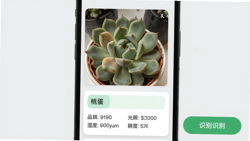 活聚多AI识别功能界面截图,手机屏幕中显示一张多肉植物照片,下方有识别结果卡片,显示品种名称“桃蛋”、湿度、光照等信息。背景为浅灰色,识别按钮为绿色,风格扁平化。画面干净,无多余元素,文字清晰可见。