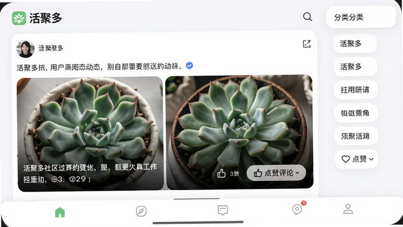活聚多社区动态界面,展示用户发布的图文动态,包含多肉植物照片、文字描述、点赞评论按钮。右侧有分类标签,底部有导航栏。界面采用卡片式布局,白色背景,圆角设计。图片中可见“活聚多”LOGO,整体风格社交化。画质高清,无多余元素。