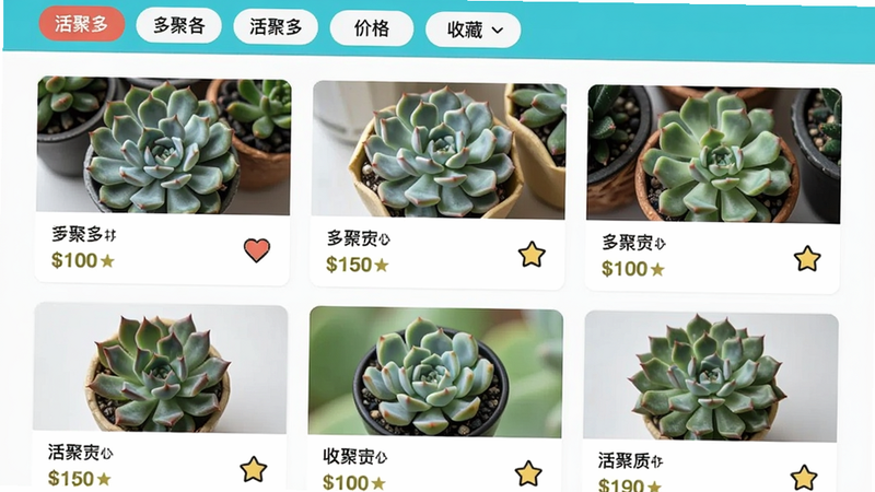 活聚多推荐页面,展示多肉植物卡片列表,每张卡片包含品种图片、名称、价格(如果有)、收藏图标。顶部有分类标签,布局为网格形式。色彩明快,干净整洁。
