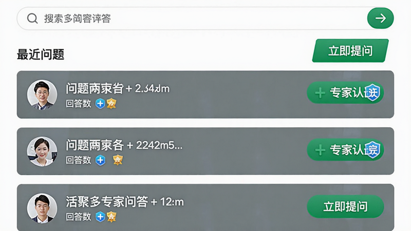 活聚多专家问答界面,顶部有搜索框,下方列出最近问题列表,每个问题卡片包含用户头像、问题标题、回答数、专家认证标识。背景为白色,绿色按钮“立即提问”醒目。画质清晰,风格简洁。