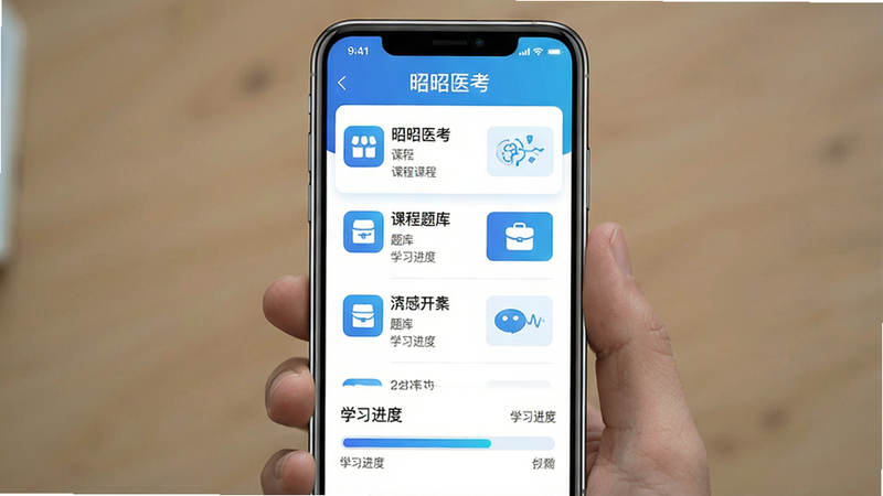 昭昭医考App主界面截图,展示课程列表、题库入口、学习进度条,设计风格简约清新,蓝色主色调,图标清晰,手机屏幕居中显示,画质高清,干净无多余元素,文字标注“昭昭医考”与“学习进度”