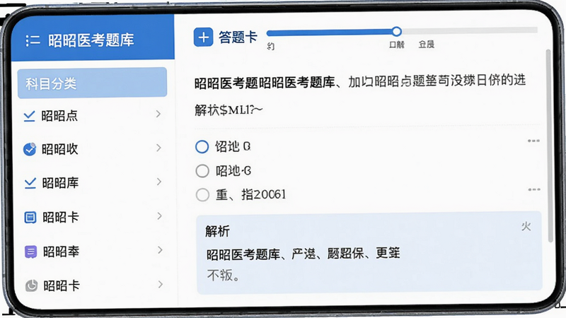 昭昭医考题库界面,左侧显示科目分类列表,右侧为题目详情页,包含题干、选项、解析区域,顶部有答题卡进度条,风格简洁,蓝色与白色搭配,字体清晰,手机竖屏布局,画质细腻,无多余元素