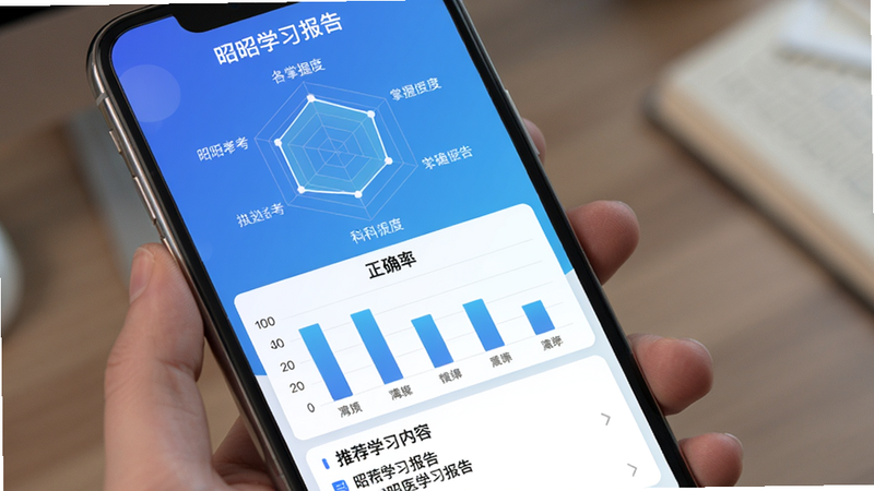 昭昭医考学习报告页面,顶部为雷达图显示各科掌握度,中部为柱状图对比正确率,底部列举推荐学习内容,整体UI以蓝色渐变为主,图表清晰标有“昭昭学习报告”字样,手机竖屏,画质干净