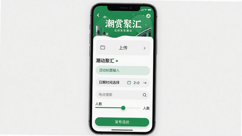 潮赏聚汇活动创建页面,手机屏幕上方是活动封面图上传区,下方依次是活动标题输入框、日期时间选择器、地点搜索栏、人数滑动条,底部有“发布活动”按钮,界面采用卡片式设计,绿色主题色,画质干净,无多余元素,突出“潮赏聚汇”品牌。
